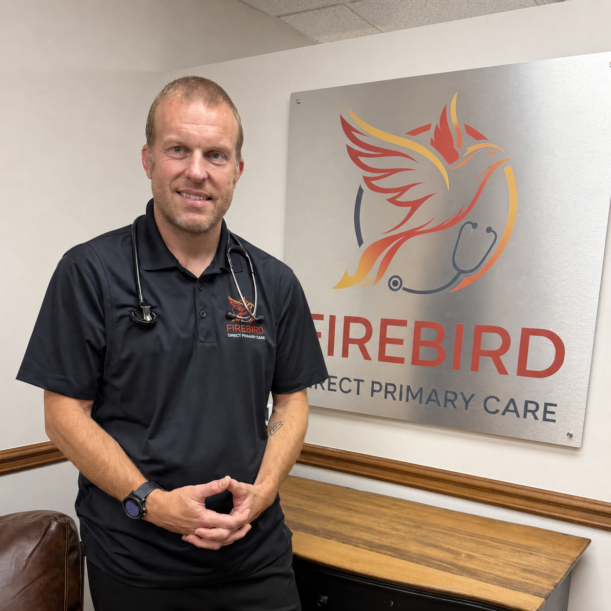 Dr. Mark Hagen beside the Firebird Direct Primary Care sign